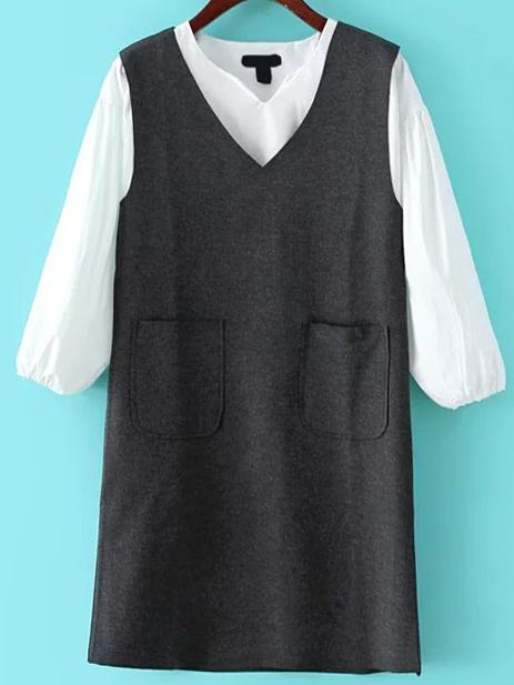 Shein V Neck Pockets Grey Tank Dress With Shirt