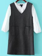 Shein V Neck Pockets Grey Tank Dress With Shirt