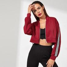 Shein Striped Sleeve Zip-up Crop Jacket