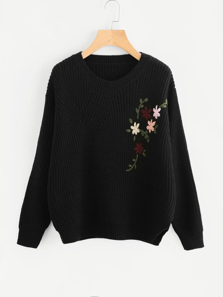 Shein Flower Embroidered Vented Side Jumper