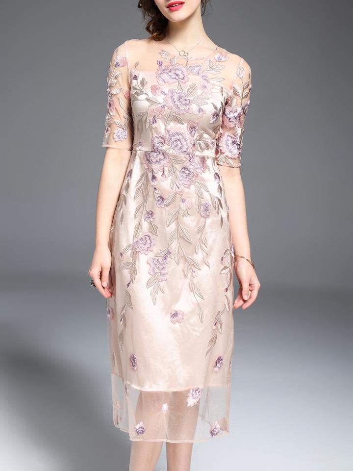 Shein Apricot Gauze Embroidered Sheer Dress