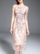 Shein Apricot Gauze Embroidered Sheer Dress