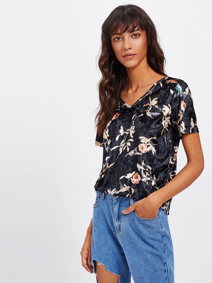 Shein Botanical Print Velvet Tee