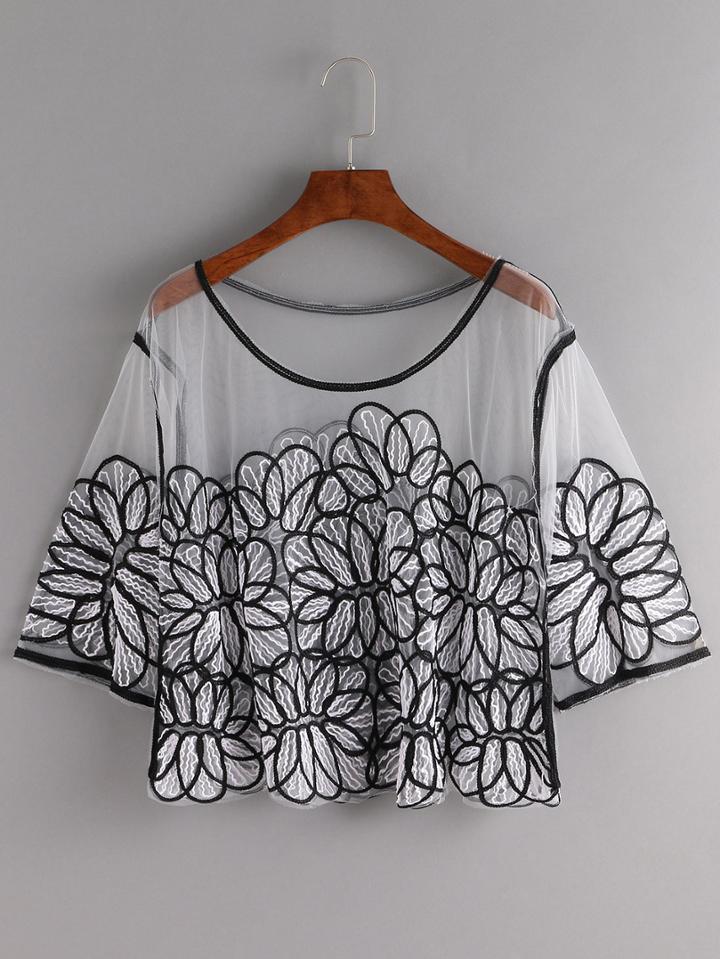 Shein Black White Embroidered Mesh Cover-up Top