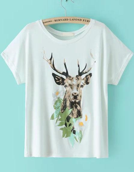 Shein White Short Sleeve Deer Print T-shirt