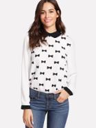 Shein Contrast Peter Pan Collar Bow Print Blouse