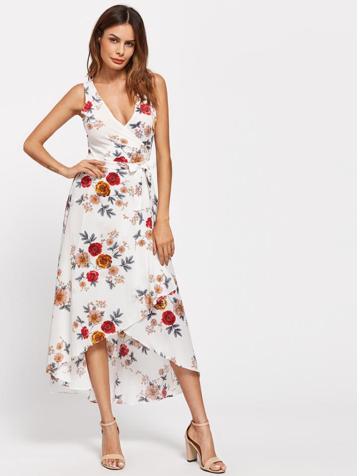 Shein Surplice Front Plunge Neckline Botanical Print Dress