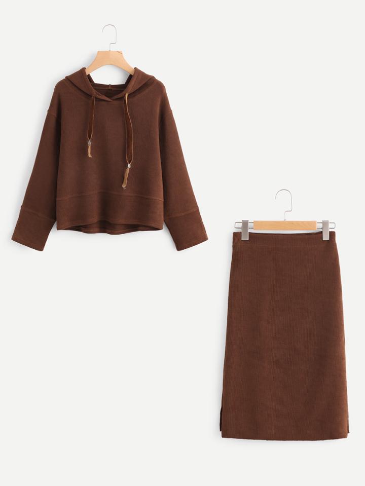 Shein Drawstring Ribbed Hoodie And Skirt