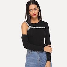 Shein Letter Print Cut Out Shoulder T-shirt