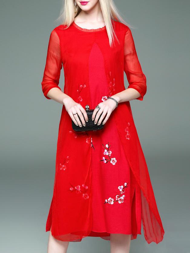 Shein Red Flowers Embroidered Shift Sheer Dress