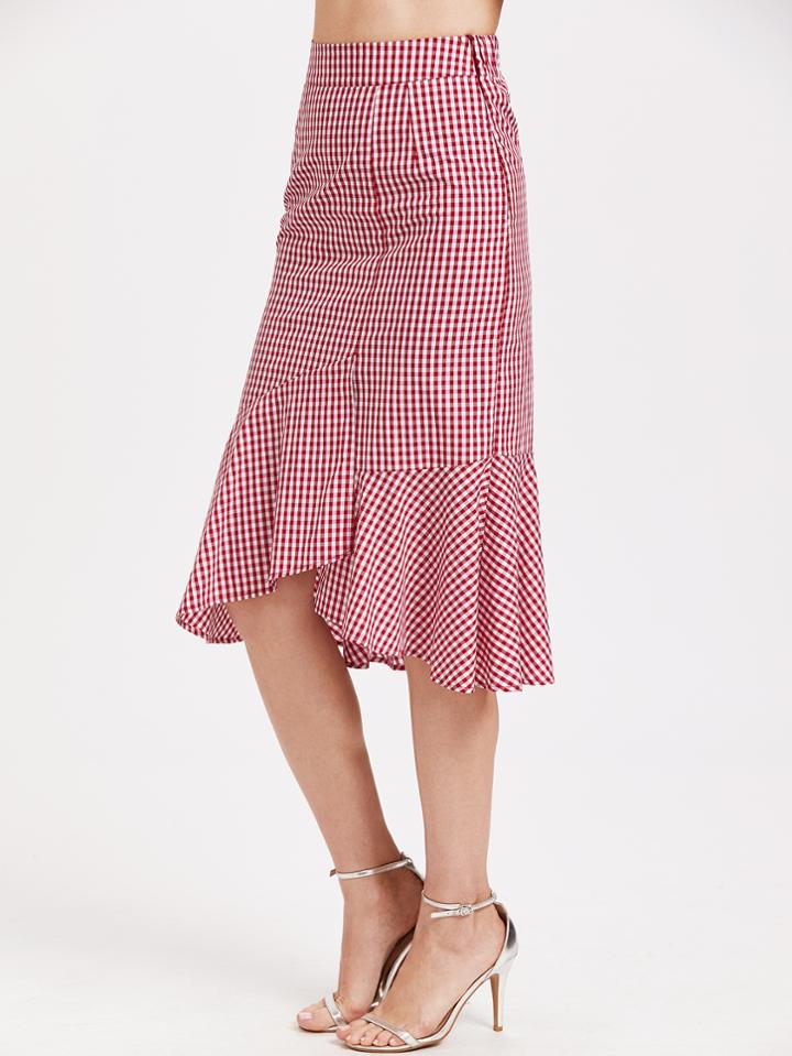 Shein Red Gingham Ruffle Trim Asymmetric Skirt