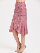 Shein Red Gingham Ruffle Trim Asymmetric Skirt