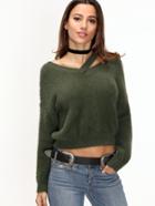 Shein Army Green Double V Neck Fuzzy Sweater