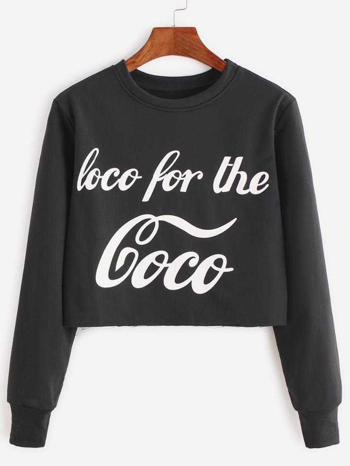 Shein Black Slogan Print Raw Hem Crop Sweatshirt