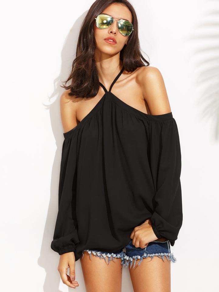 Shein Black Criss Cross Back Cold Shoulder Long Sleeve Blouse