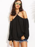 Shein Black Criss Cross Back Cold Shoulder Long Sleeve Blouse