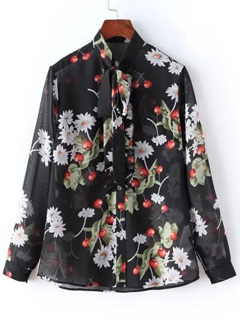 Shein Tie Collar Cherry Print Blouse