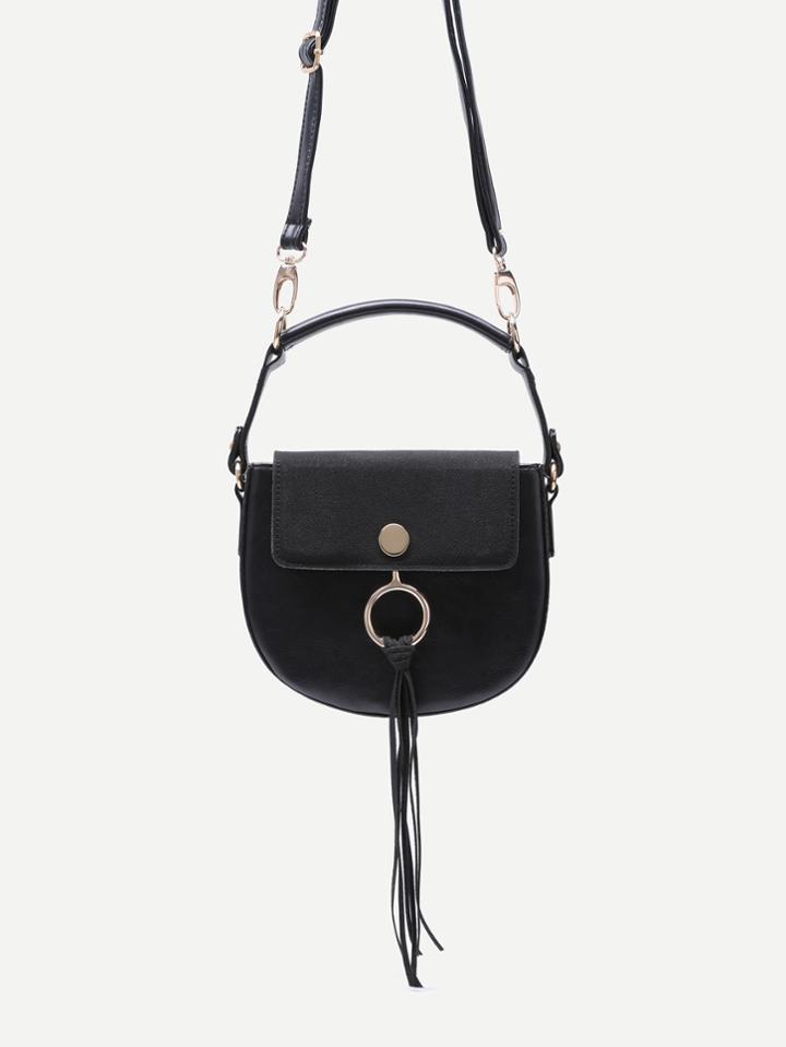 Shein Black Tassel Trim Faux Leather Saddle Bag