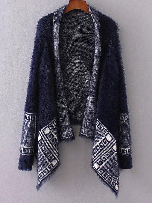 Shein Navy Aztec Print Asymmetrical Poncho Sweater