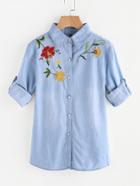 Shein Roll Tab Sleeve Embroidery Chambray Shirt