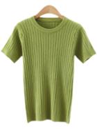 Shein Green Round Neck Vertical Stripe Knitted T-shirt