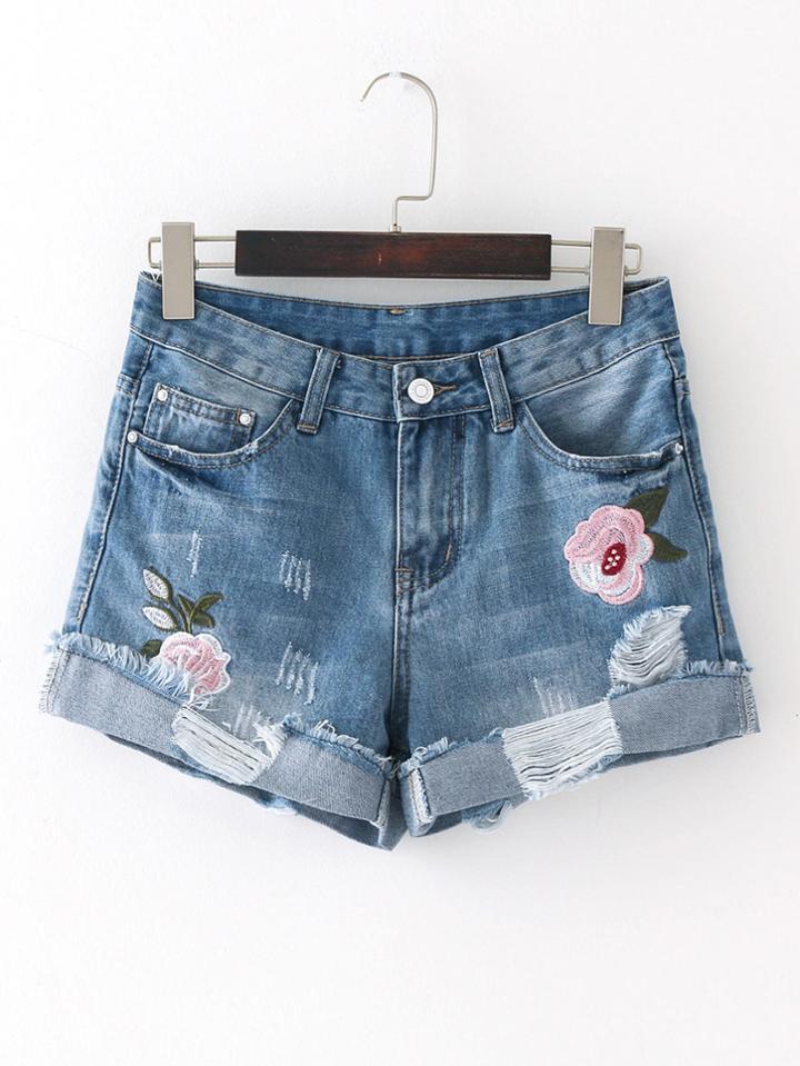 Shein Rolled Cuff Ripped Denim Shorts