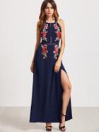 Shein Embroidered Appliques Open Back Tie Detail High Slit Dress