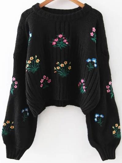 Shein Black Flower Embroidery Drop Shoulder Sweater