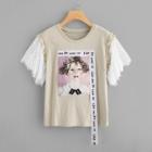 Shein Lace Sleeve Girl Print Tee