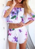 Rosewe Boat Neck Flower Print Two Piece Rompers