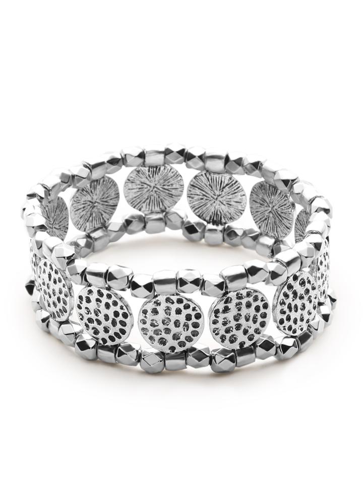 Shein Silver Beaded Coin Charm Stretch Bracelet