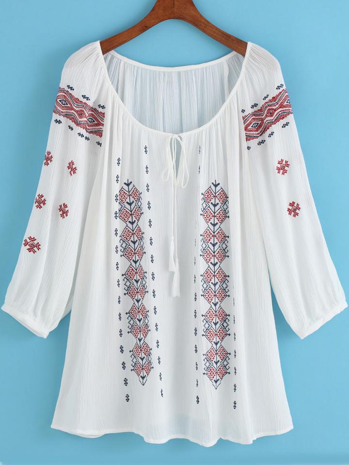 Shein White Long Sleeve Tribal Embroidered Loose Blouse