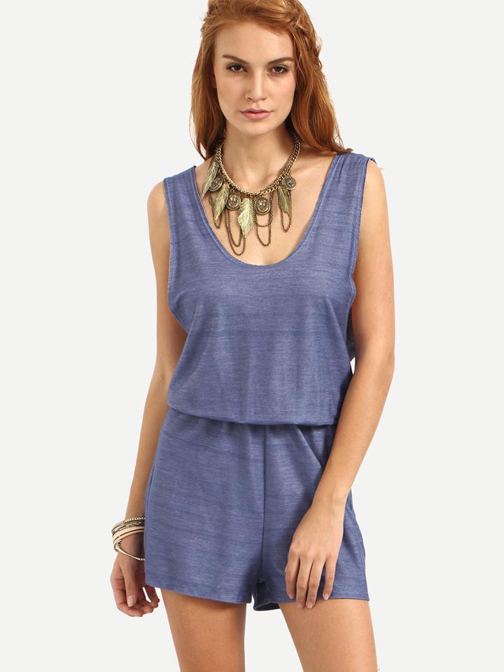 Shein Blue Sleeveless Scoop Neck Open Back Jumpsuit