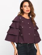 Shein Tiered Bell Sleeve Pearl Embellished Blouse