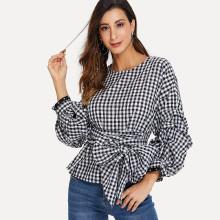 Shein Gathered Sleeve Tie Waist Plaid Top