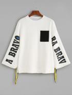 Shein White Letters Print Contrast Pocket Drawstring Sweatshirt