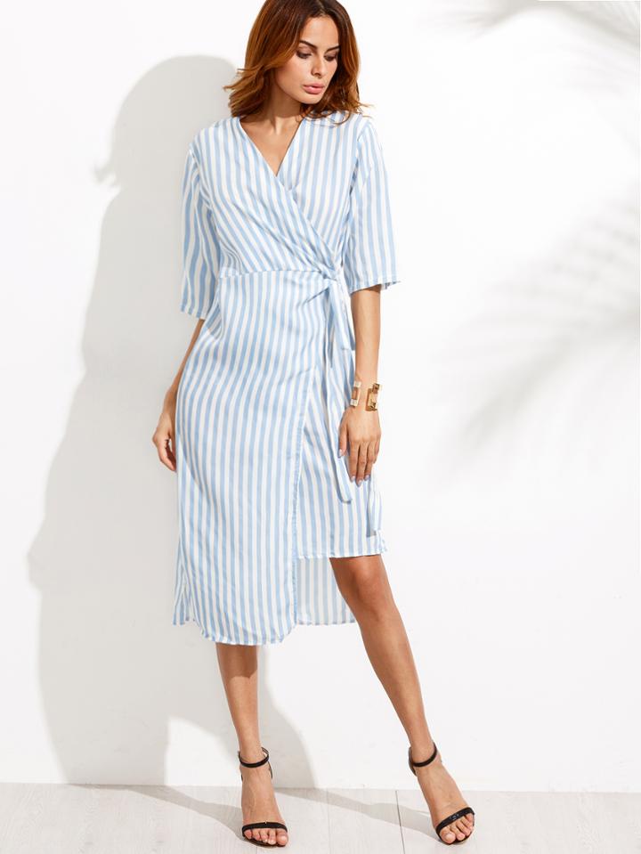 Shein Blue V Neck Vertical Striped Knotted Wrap Dress