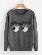 Shein Faux Fur Embellished Eyes Pattern Jumper