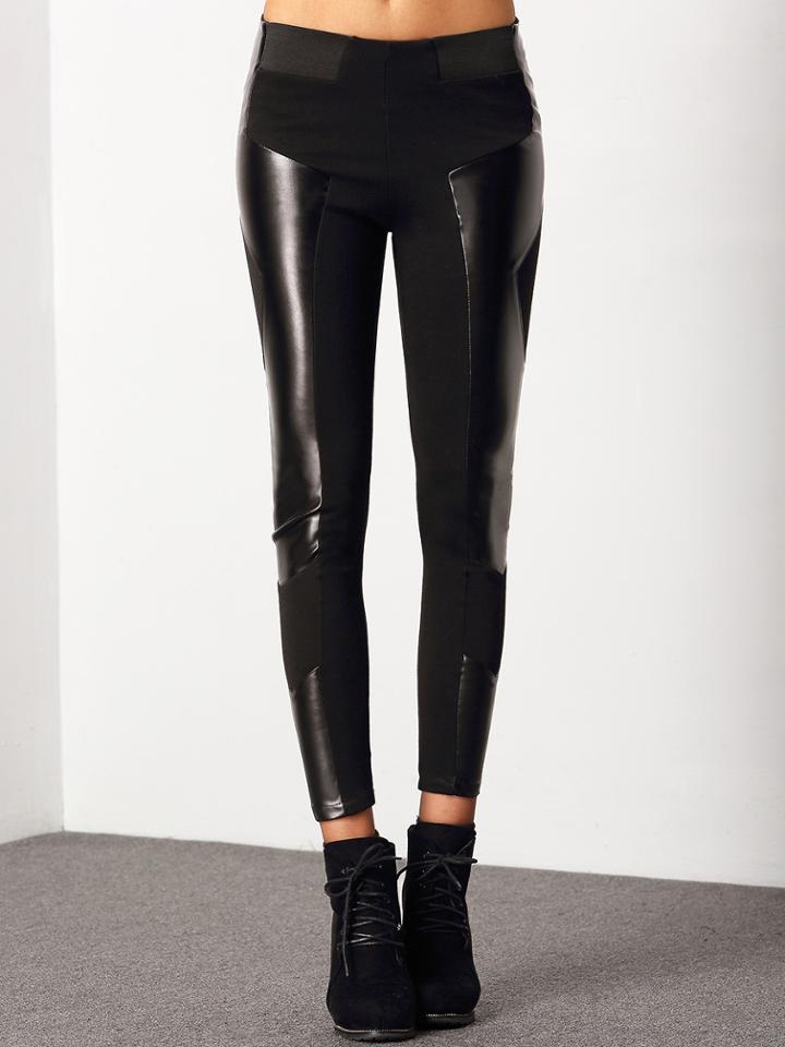 Shein Black Contrast Pu Leather Skinny Leggings