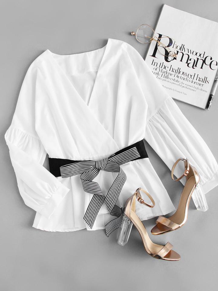 Shein Stripe Bow Front Surplice Wrap Blouse