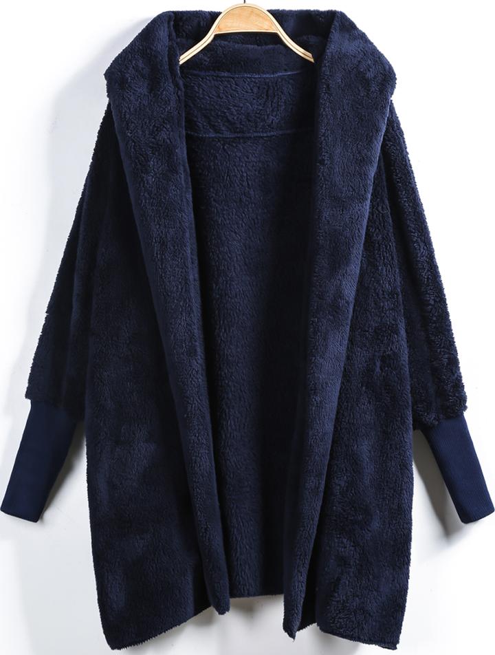 Shein Blue Hooded Long Sleeve Loose Cardigan