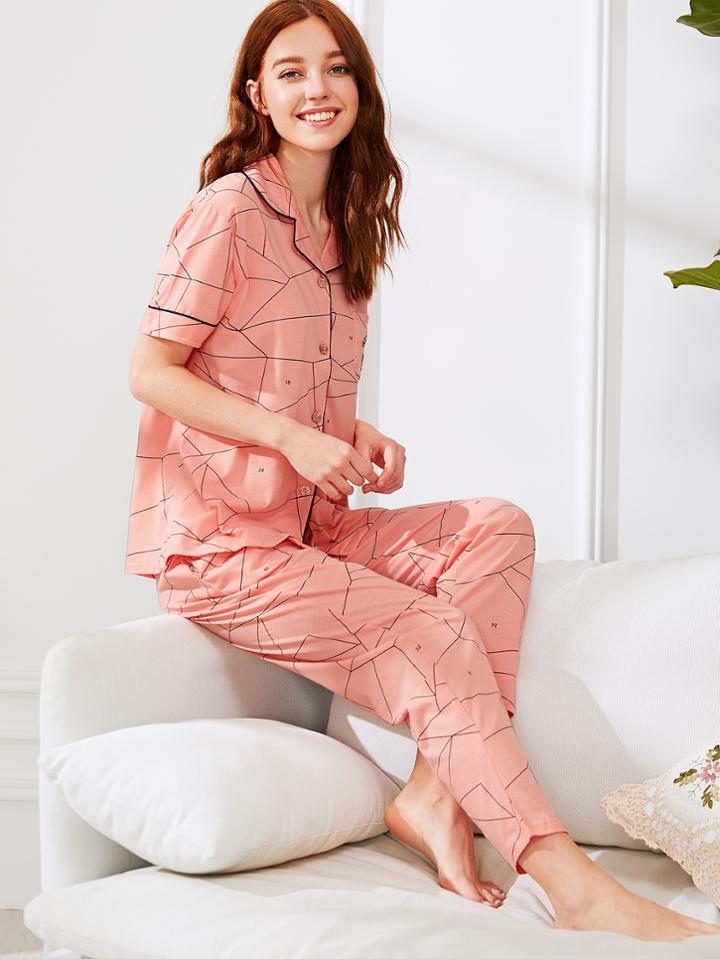 Shein Contrast Binding Geo Print Shirt & Pants Pj Set