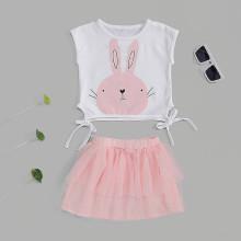 Shein Girls Rabbit Print Knot Vest With Mesh Skirt
