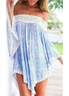 Rosewe Lace Crochet Off The Shoulder Blue Asymmetric Dress