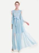 Shein Open Shoulder Frill Trim Dotted Mesh Dress