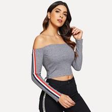 Shein Off Shoulder Striped Side Sleeve Crop Tee