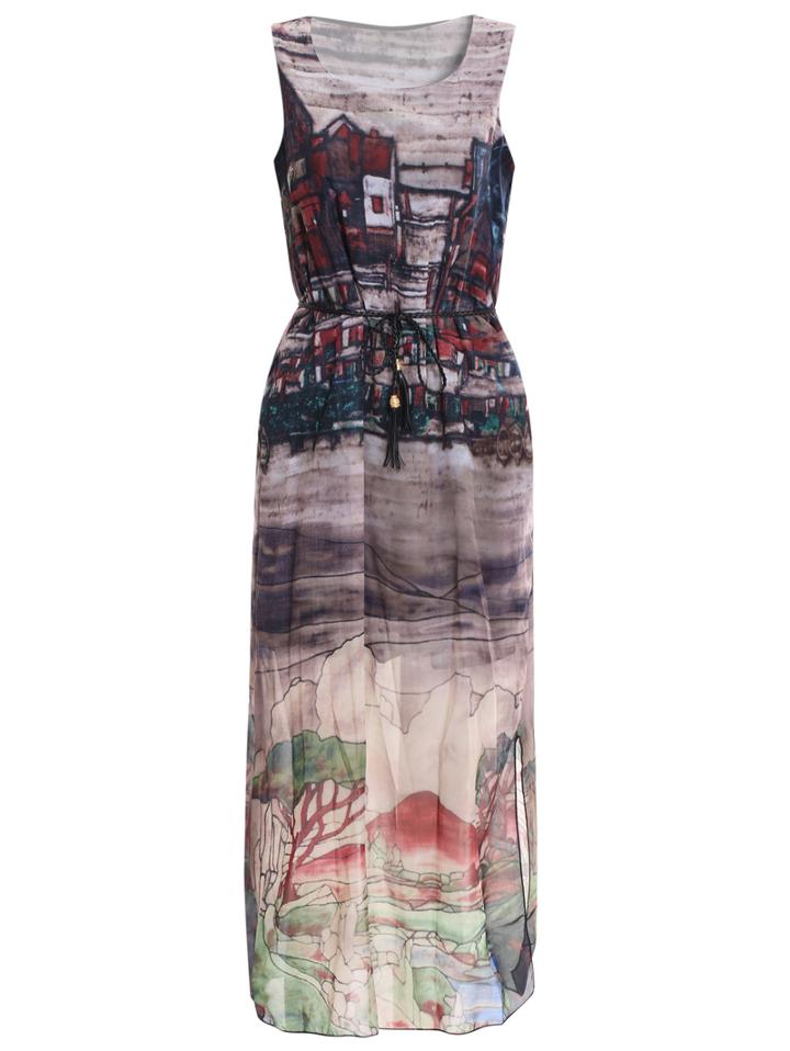 Shein Sleeveless Vintage Print Chiffon Maxi Dress