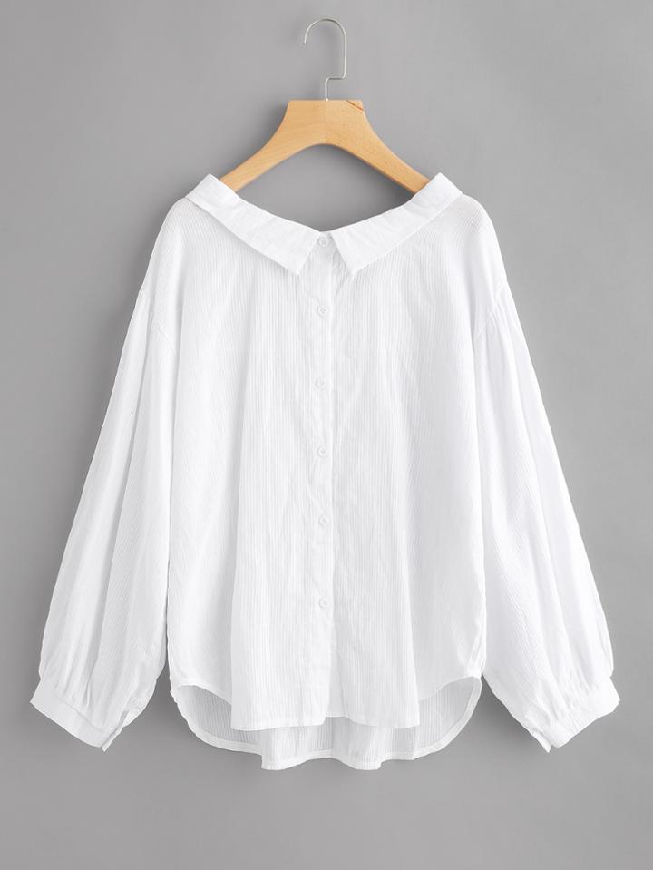 Shein Bow Tie Back Lantern Sleeve Dip Hem Shirt