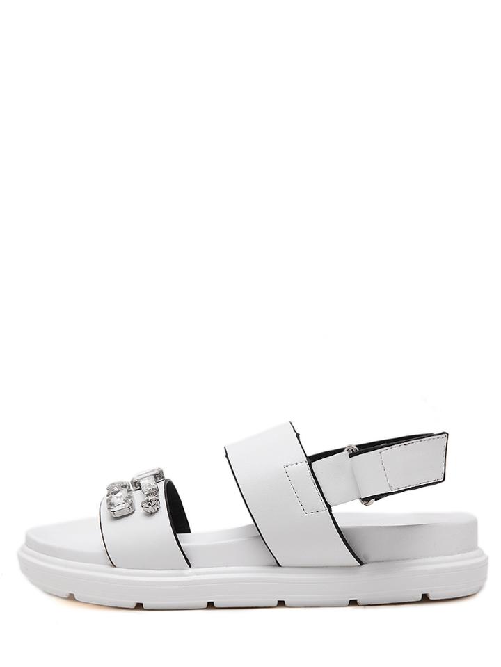 Shein White Faux Leather Open Toe Rhinestone Sandals