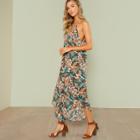 Shein Leaf Print Curved Hem Cami Jumpsuit